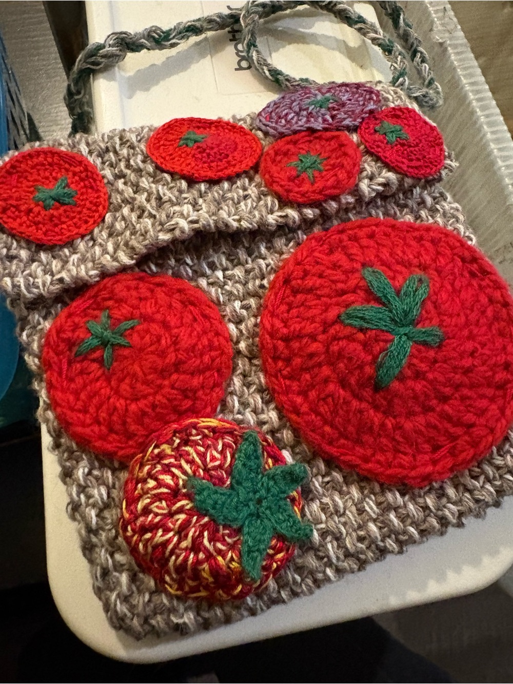 Handmade Crocheted Tomato Patch Crossbody Bag - Red & Green